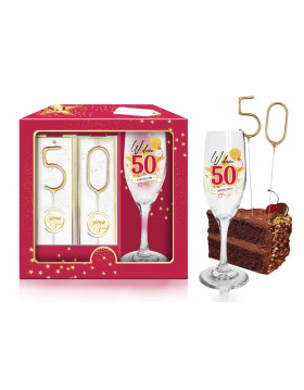 URODZINOWA STARS MAGENTA - zestaw 
kieliszek do szampana + zimne ognie - W 
dniu 50 urodzin
