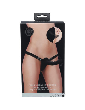 Ouch! - Dual Vibrating - Rechargeable - 10 Speed Silicone Ribbed Strap-On - Adjustable - Black