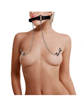 Silicone Bit Gag with Nipple Clamps - Black